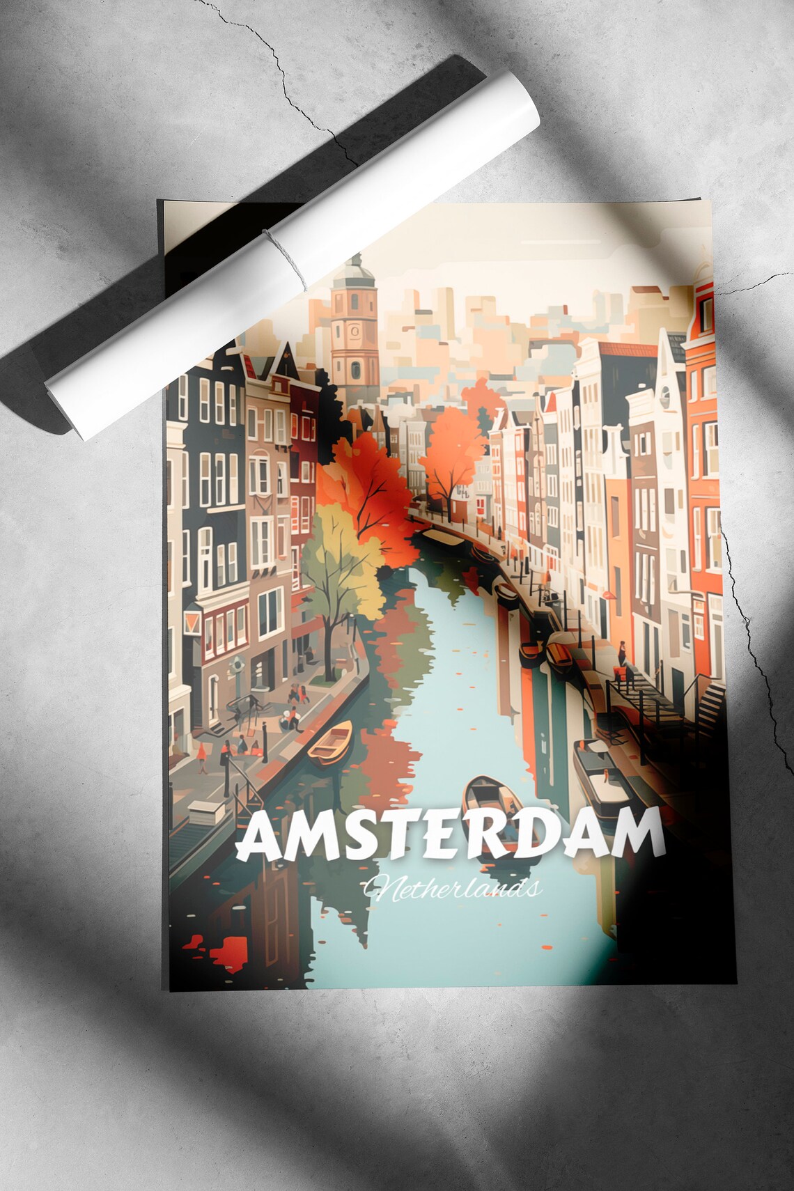 Amsterdam Canal Historic Row Houses Autumn Retro Travel Poster - Image 2