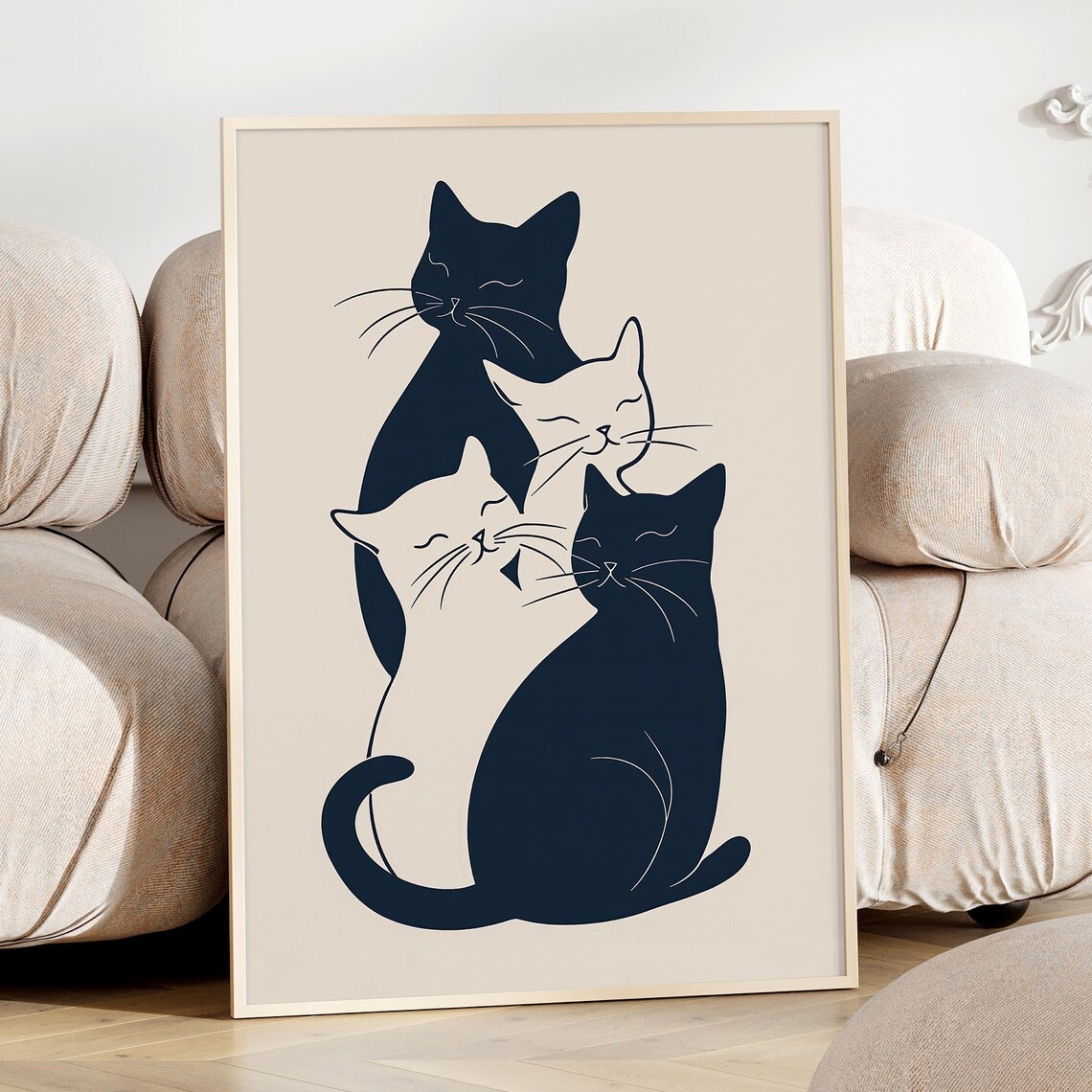 Scandi Cat Illustration, Minimalist Living Room Art Print