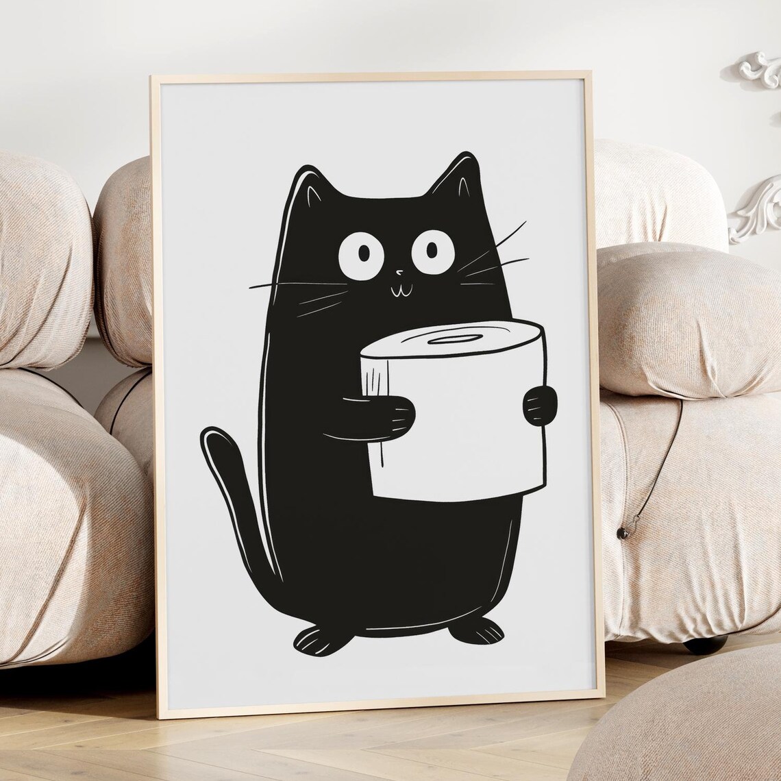 Bathroom Humor Cat Illustration Poster, Minimalist Decor