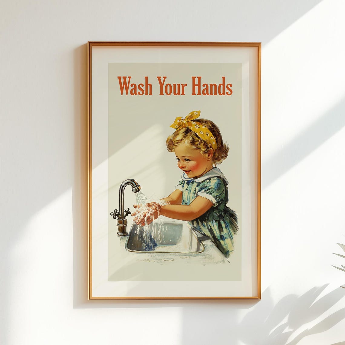 Wash Your Hands Vintage Girl Sink Retro Educational Bathroom Poster