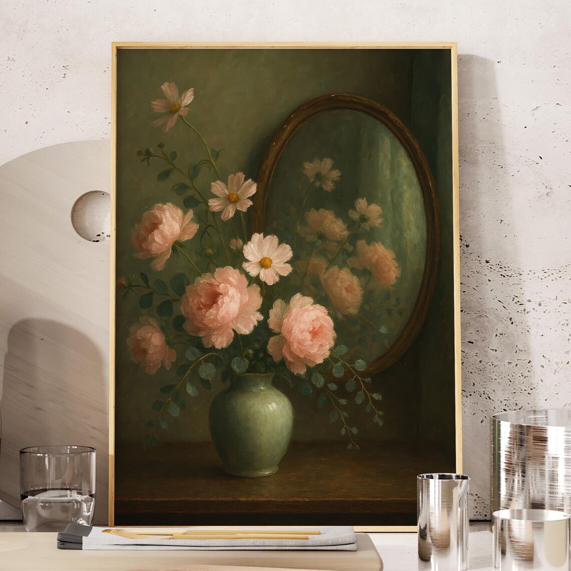 Green And Pink Floral Still Life Art With Peonies Daisies In Vase Antique Botanical Prints Moody Dark Academia Vintage Oil Painting