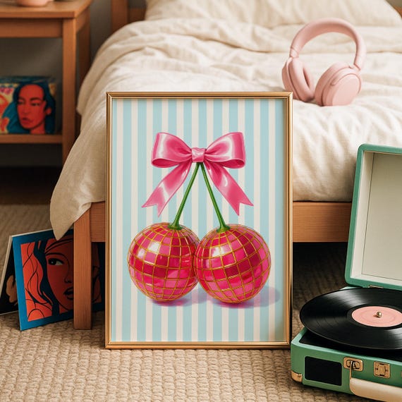 Disco Ball Cherries With Pink Bow Preppy Kitchen Dopamine Decor Print And Blue College Room Coquette Cherry