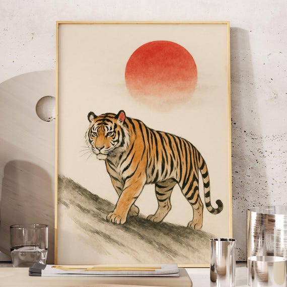 Vintage Tiger Wall Art Print Japanese Minimalist Neutral Majestic Animal Poster