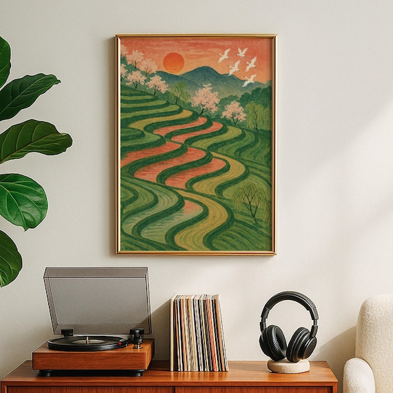 Japanese Terraced Rice Fields Sunset Cranes Mountain Art Poster