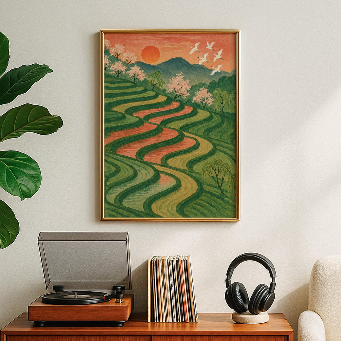 Japanese Terraced Rice Fields Sunset Cranes Mountain Art Poster