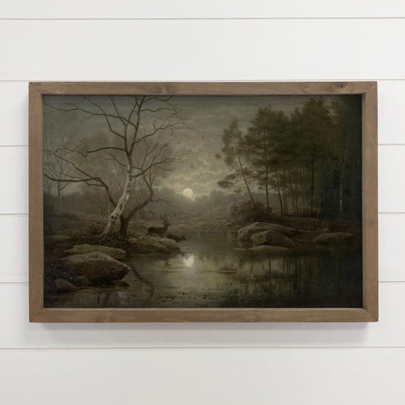 Dark Moody Framed Wall Art Forest Moonlight Mountain Landscape Canvas