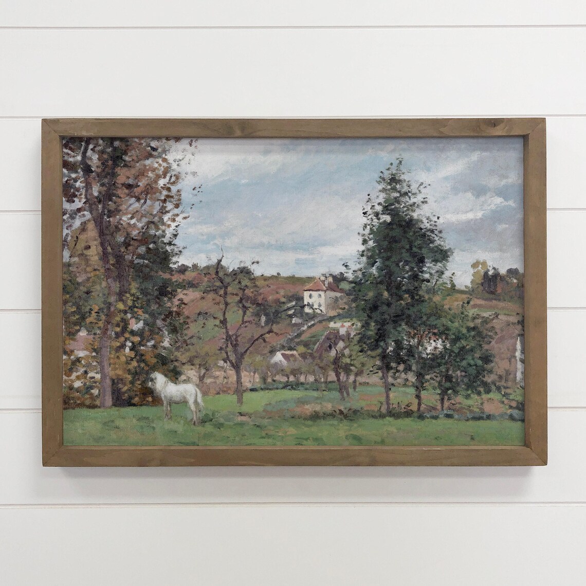 White Horse Green Pasture European Village Impressionist Art Poster