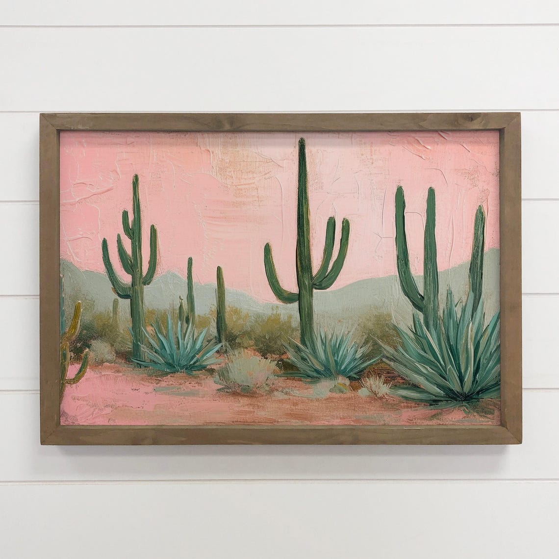 Pink Desert Sky Saguaro Cactus Agave Southwestern Painting Poster