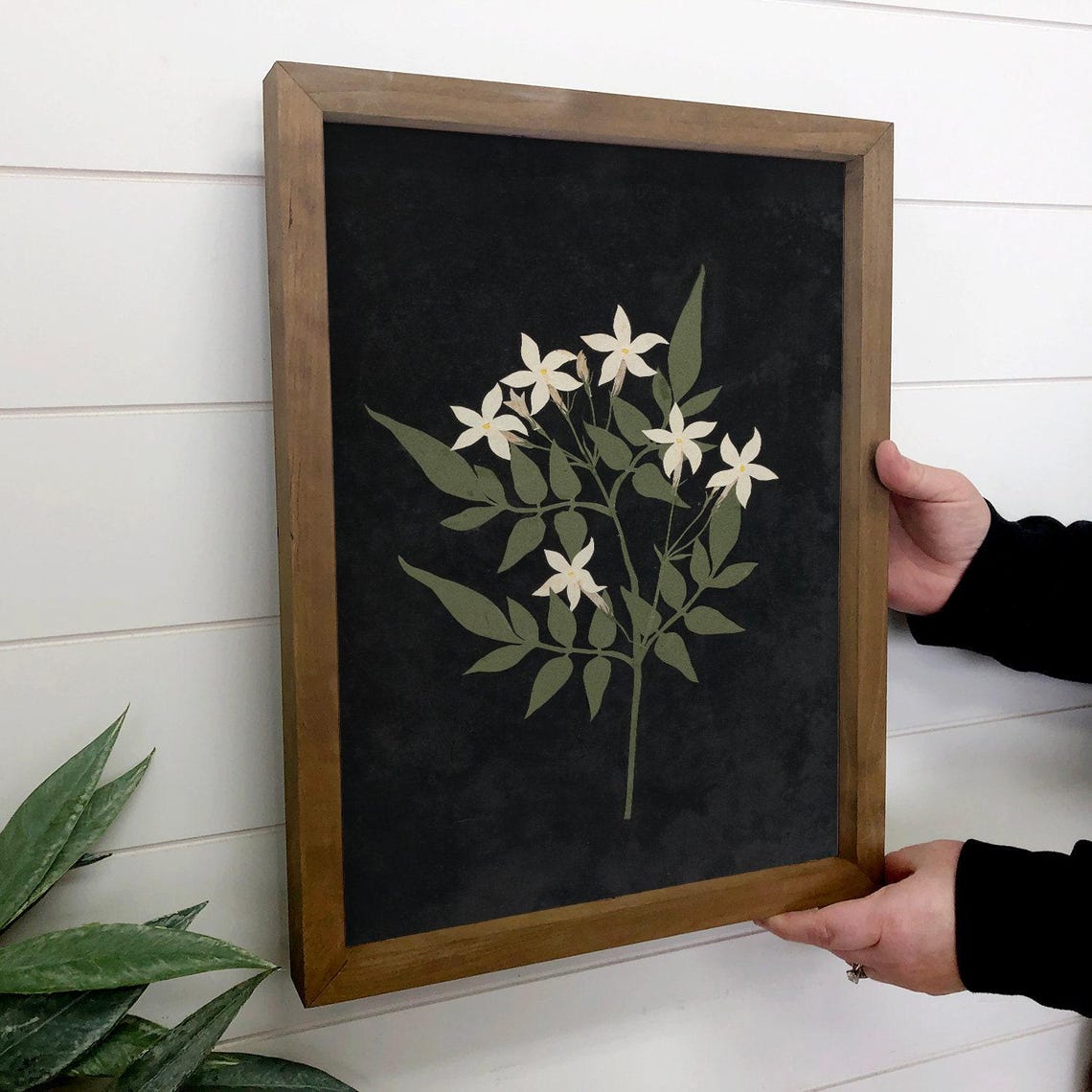 White Jasmine Blossom Botanical Art on Black Minimalist Wall Art