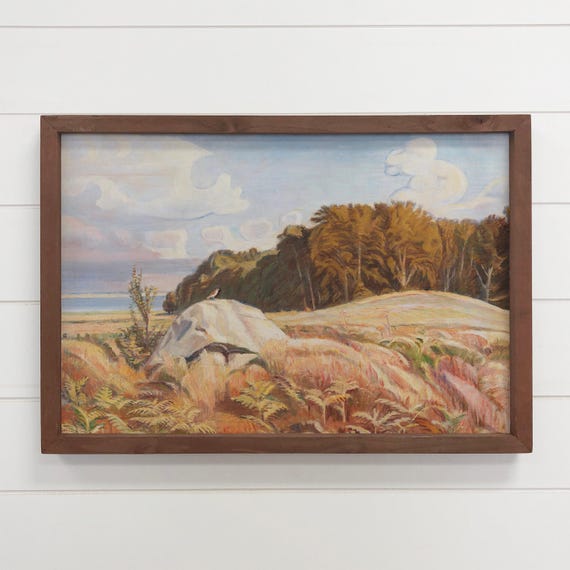 Meadow Lakeside Framed Canvas Art Lake House Wall Decor Wooden Sign