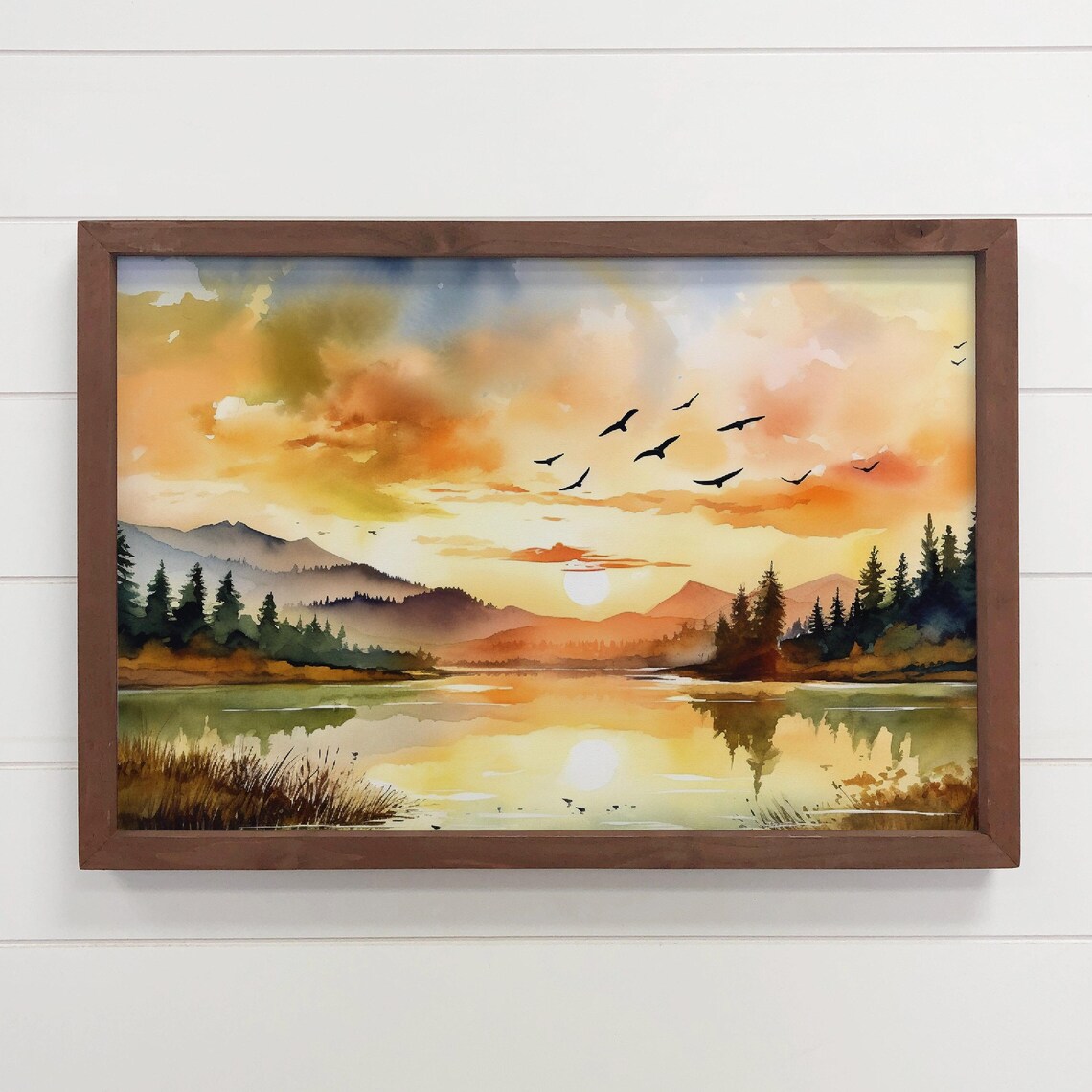 Birds Over Lake Sunset, Nature Art Print