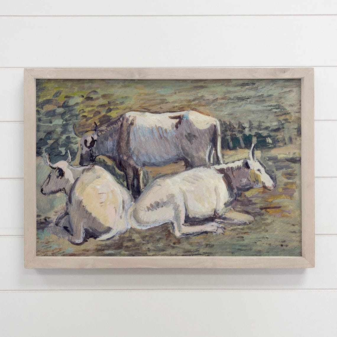 White Cows Resting in Green Pasture Vintage Farm Painting Poster