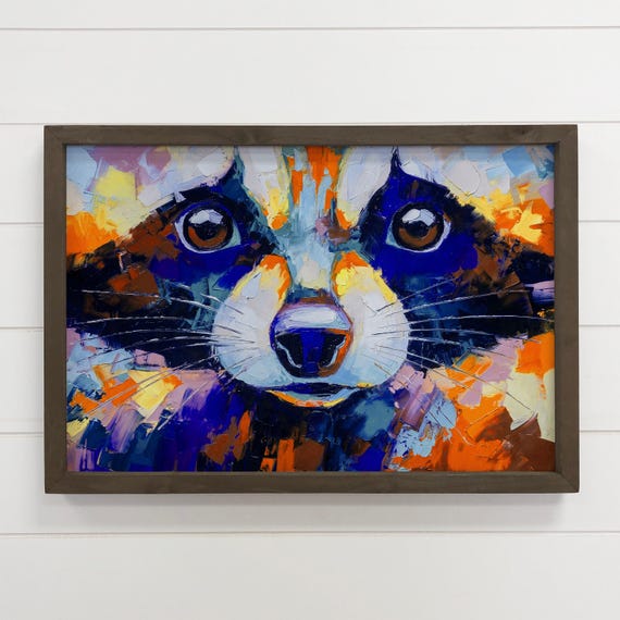 Colorful Raccoon Painting Cabin Wall Art Wood Framed Wooden Sign
