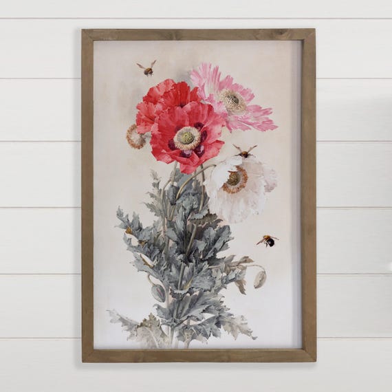 Framed Botanical Print Poppies And Bees Flower Canvas Art Wood Wall