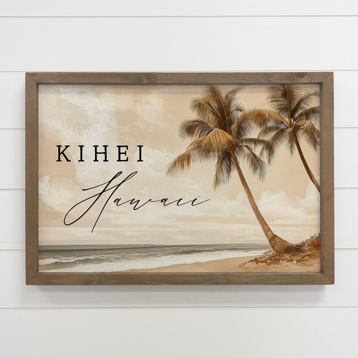 Kihei Hawaii Sepia Beach Palm Trees Vintage Travel Sign Poster