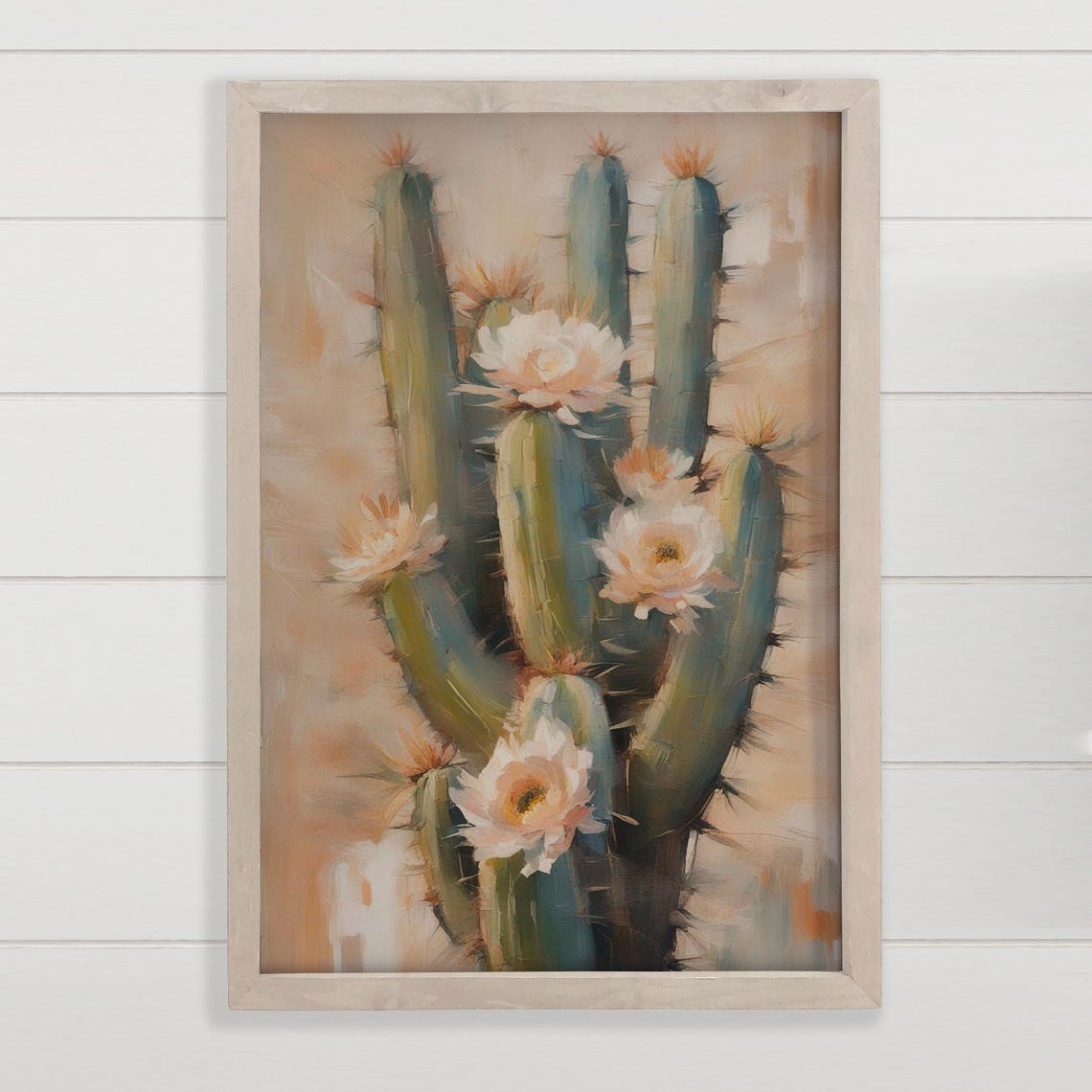 Blooming Saguaro Cactus White Flowers Desert Oil Painting Poster
