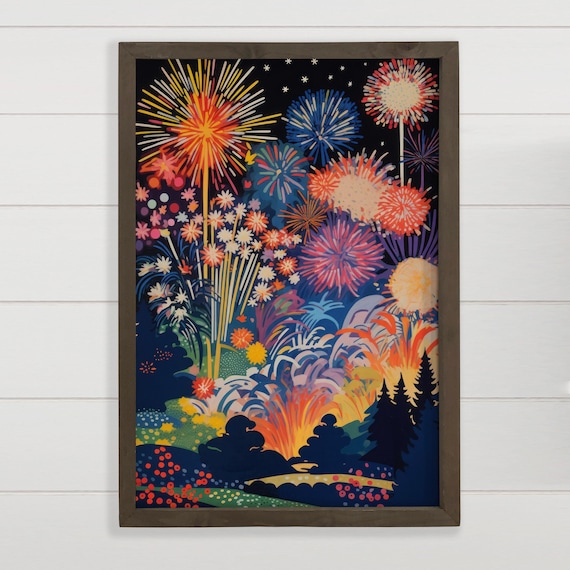 Vibrant Colorful Fireworks Over Night Sky Folk Art Painting Poster