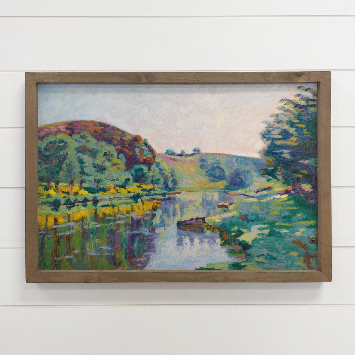 Green Vintage River Landscape Impressionist Painting Wall Art