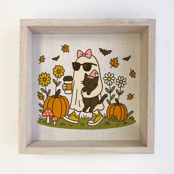 Cozy And Coffee Cat Cute Fall Canvas Art Framed