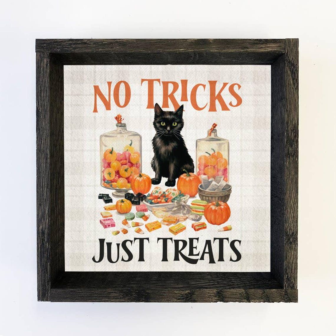 Black Cat Halloween Vintage No Tricks Cute Word Sign