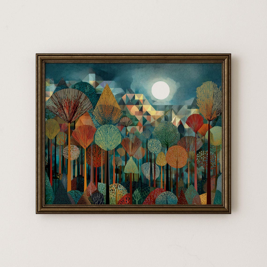 Geometric Moonlit Forest Patterned Trees Night Sky Decor Poster