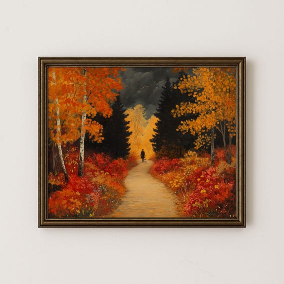 Autumn Countryside Landscape Art Print Vintage Gouache Painting 26