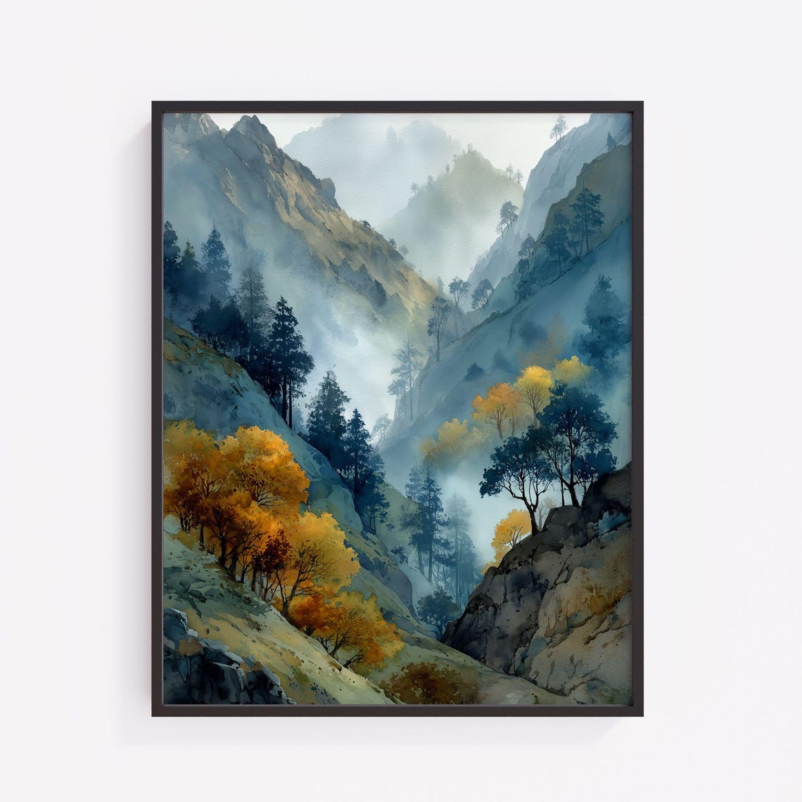 Misty Mountain Valley Watercolor Print Autumn Forest Landscape V210