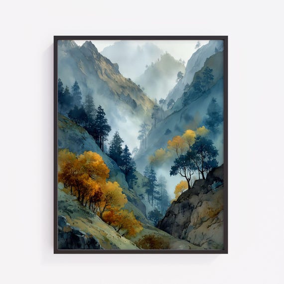Misty Mountain Valley Watercolor Print Autumn Forest Landscape V210