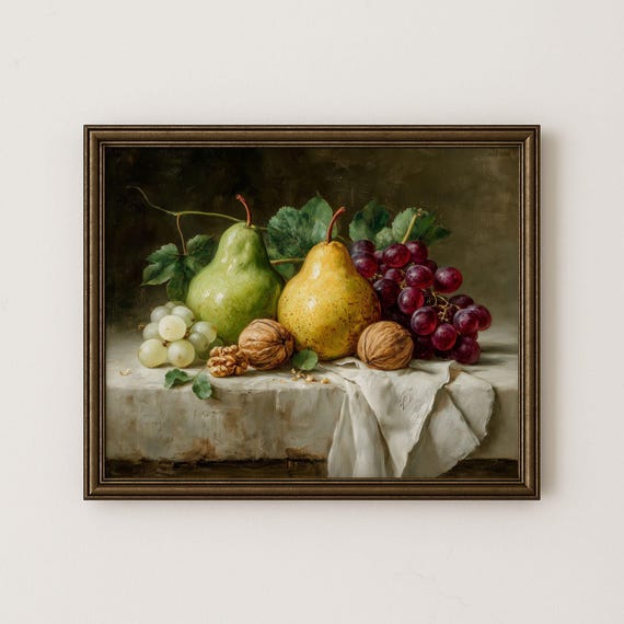 Autumn Still Life With Pears Grapes And Walnuts Cozy Vintage Earthy Kitchen Decor