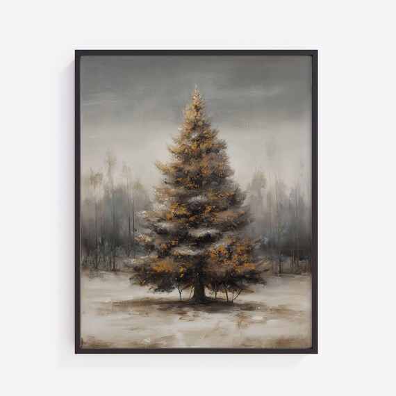 Solitary Snowdusted Fir Tree Misty Winter Landscape Calm Poster