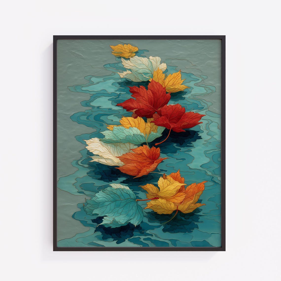Colorful Autumn Maple Leaves Floating Teal Water Stylized Art Print
