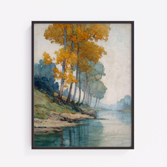 Autumn Riverbank Watercolor Golden Trees Landscape Art