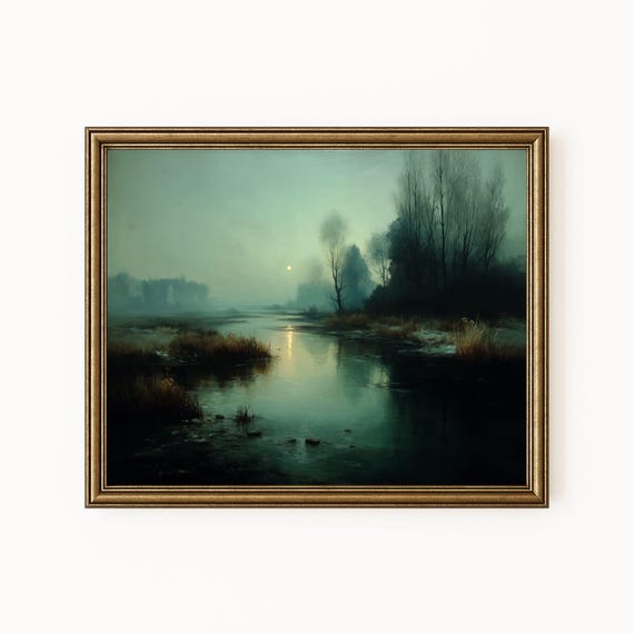Moonlit Winter Stream Art Print Vintage Landscape Painting H256