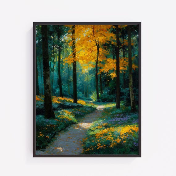 Autumn Forest Path Oil Painting Vintage Landscape Art V45