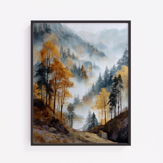 Autumn Misty Mountain Valley Watercolor Print Rustic Landscape V157