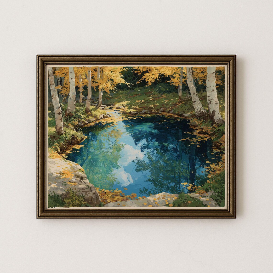 Autumn Birch Tree Pond Art Print, Gouache Landscape