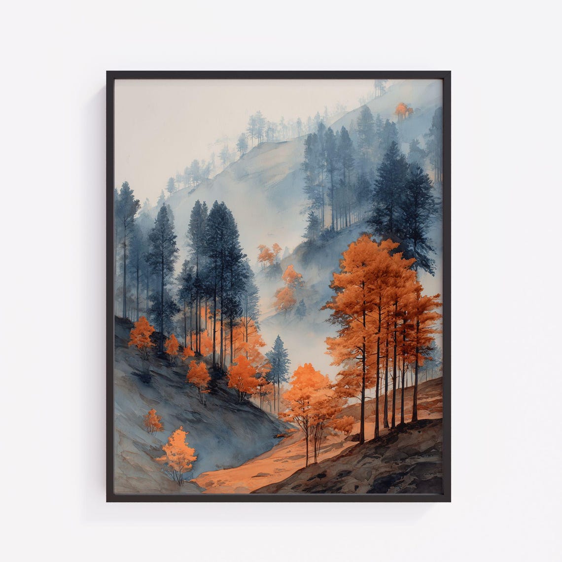 Autumn Misty Mountain Watercolor Print Rustic Forest Landscape