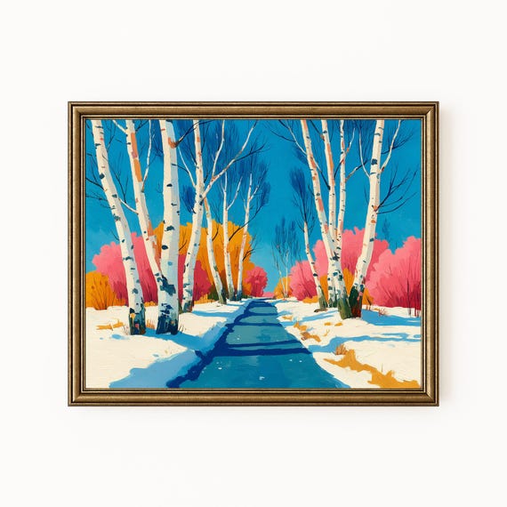 Vibrant Winter Birch Lined Road Landscape Art Rustic Country H291