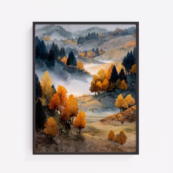Autumn Mountain Valley Watercolor Print Misty Landscape
