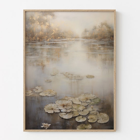 Vintage Moody Lake Landscape Dark Scenery Oil Painting Rustic Lily Pad Print Neutral Spring Decor Calm Water