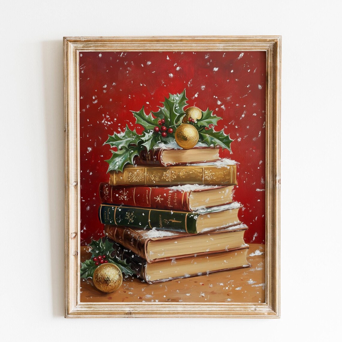 Red Background Christmas Books Gold Ornaments Snowy Still Life Poster