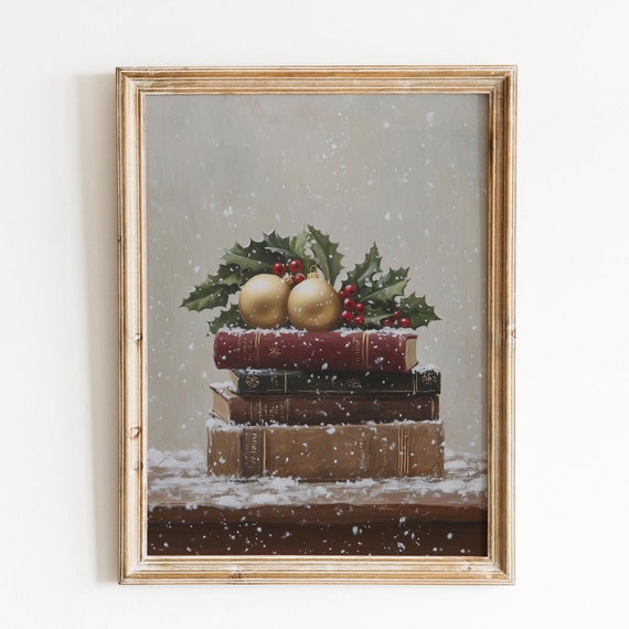 Rustic Christmas Print Christmas Wall Art Book Art Christmas Moody Snowy Christmas Oil Painting Dark Academia Decor Winter Holiday