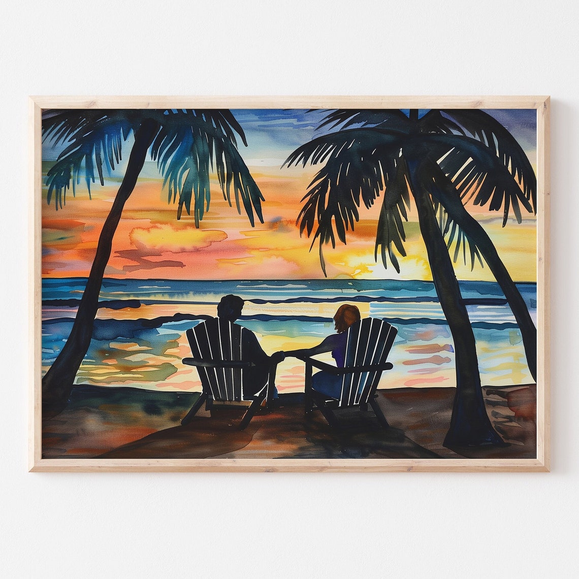 Couple in Adirondack Chairs Tropical Beach Sunset Watercolor Poster