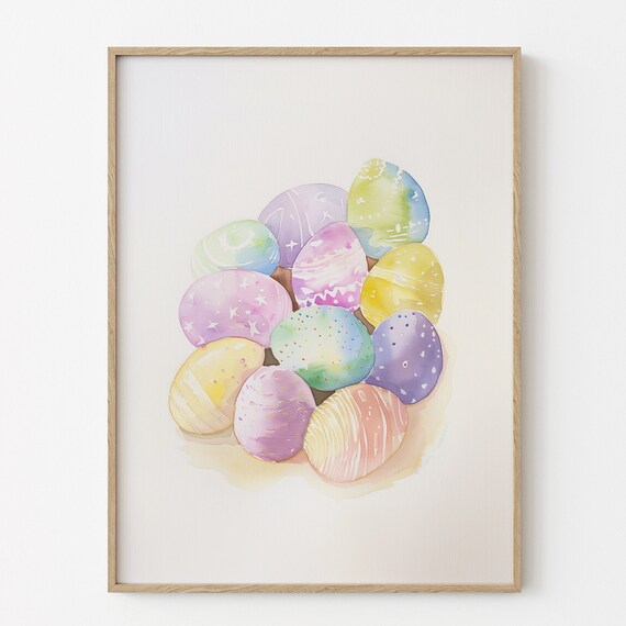 Watercolor Pastel Easter Eggs Decorated with Stars Cute Spring Nursery Poster
