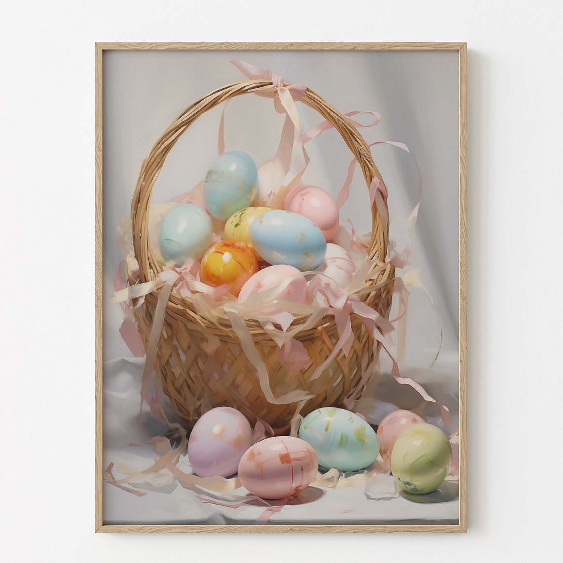 Wicker Basket of Pastel Easter Eggs with Ribbons Spring Holiday Poster