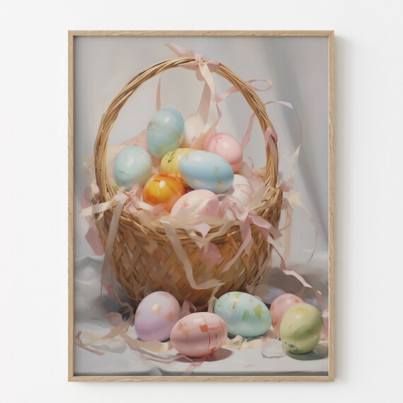 Wicker Basket of Pastel Easter Eggs with Ribbons Spring Holiday Poster