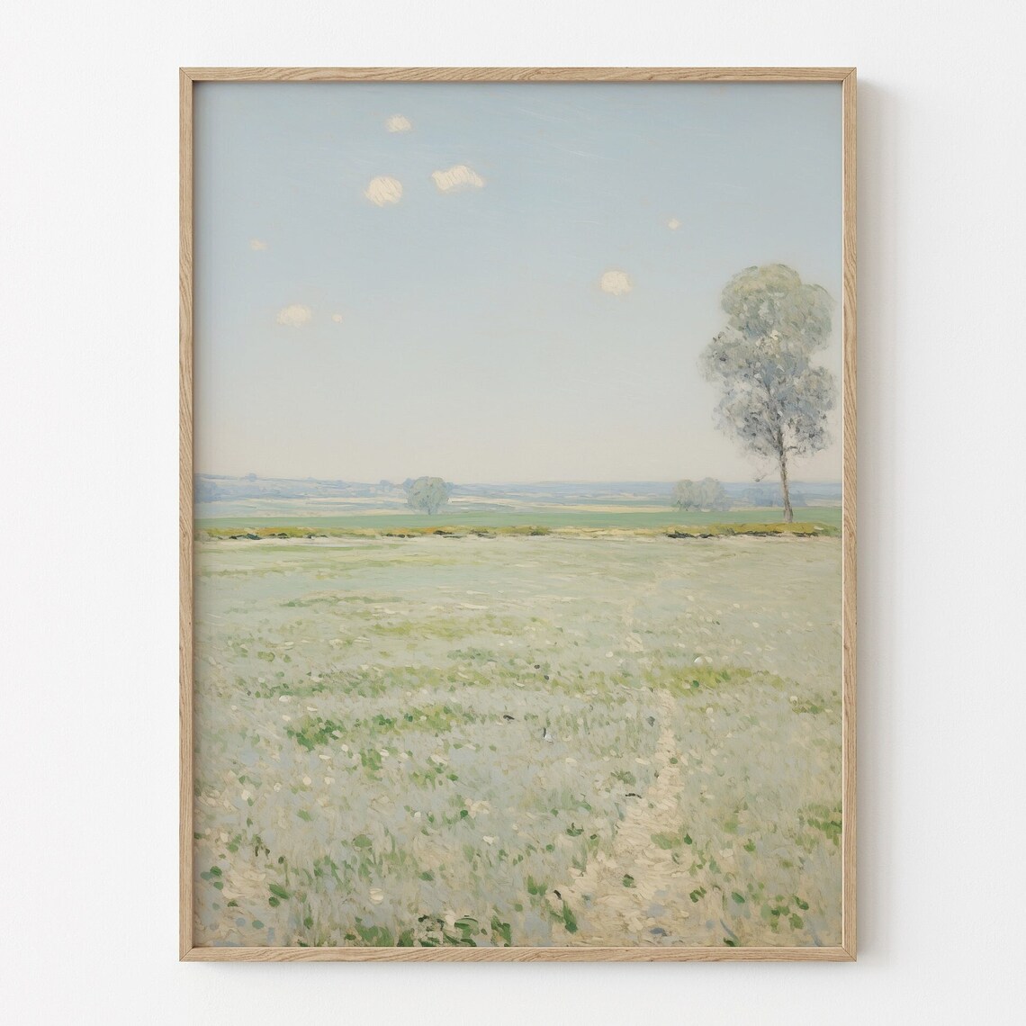 Minimalist Green Meadow with Single Tree Soft Blue Sky Landscape Poster