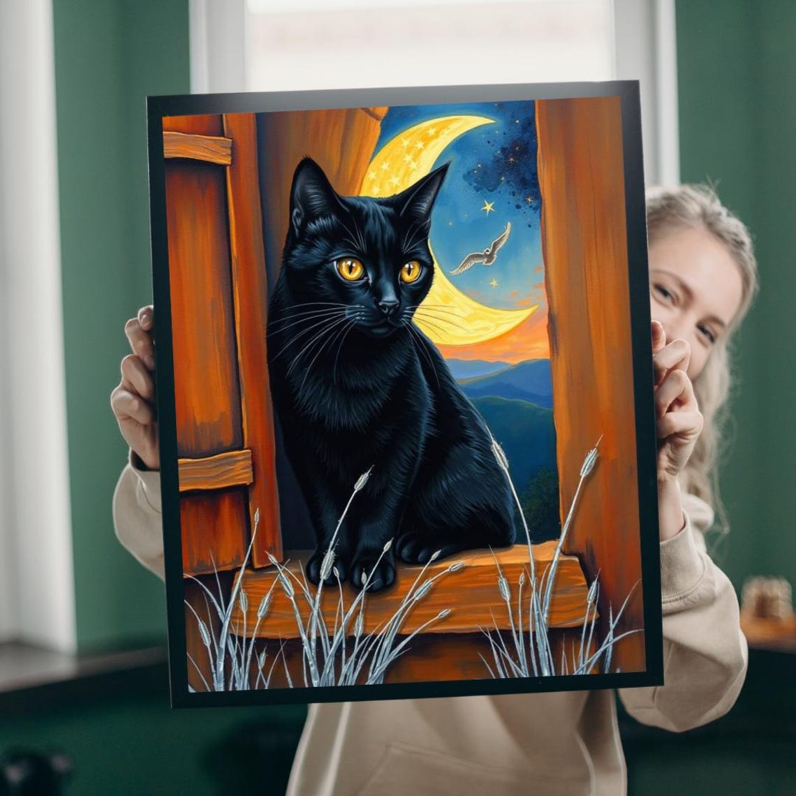 Black Cat Crescent Moon Night Sky Window Mystical Night Poster