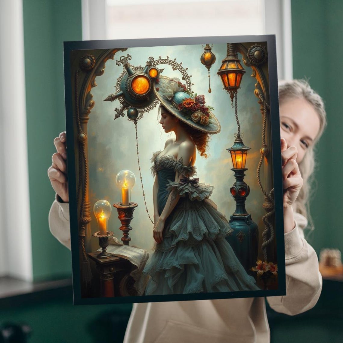 Steampunk Lady Portrait Glowing Lanterns Vintage Dress Art Print
