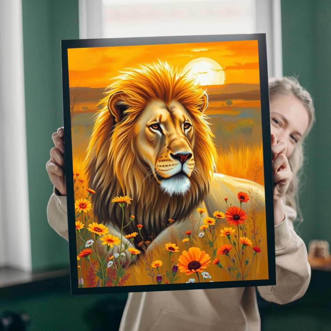Majestic Lion at Sunset Wildflower Meadow Wildlife Art Poster